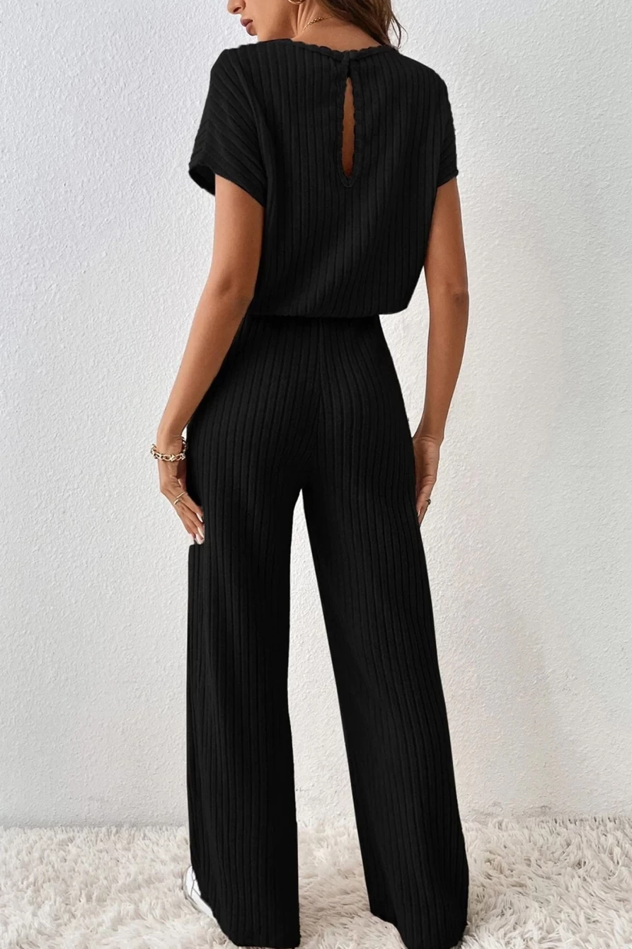 Shewin Women's Black Solid Color Ribbed Short Sleeve Wide Leg Jumpsuit Romper
