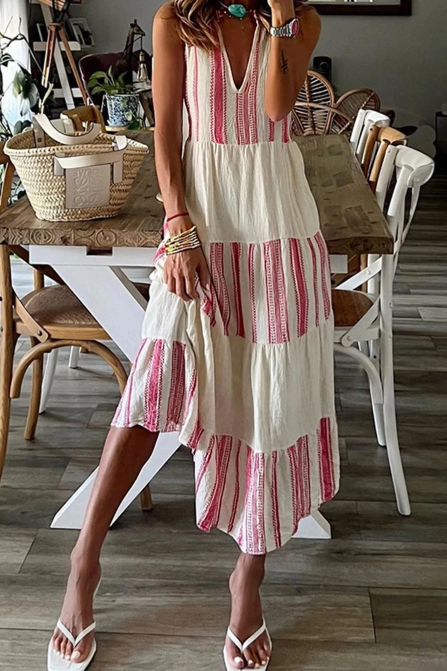 Shewin Women's Bright White Striped Colorblock Deep V-Neck Maxi Tank Dress
