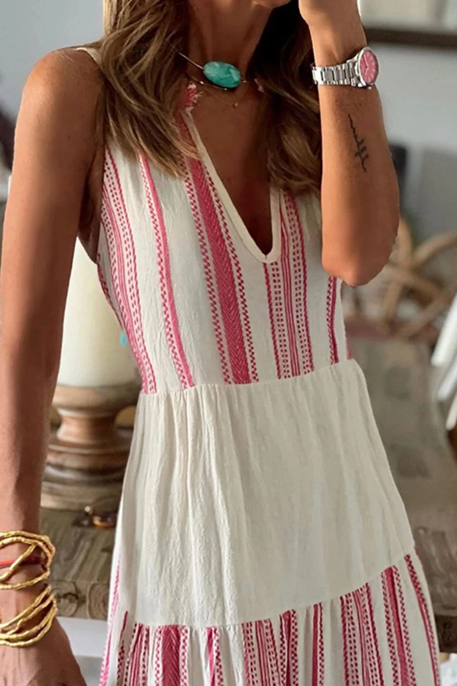 Shewin Women's Bright White Striped Colorblock Deep V-Neck Maxi Tank Dress