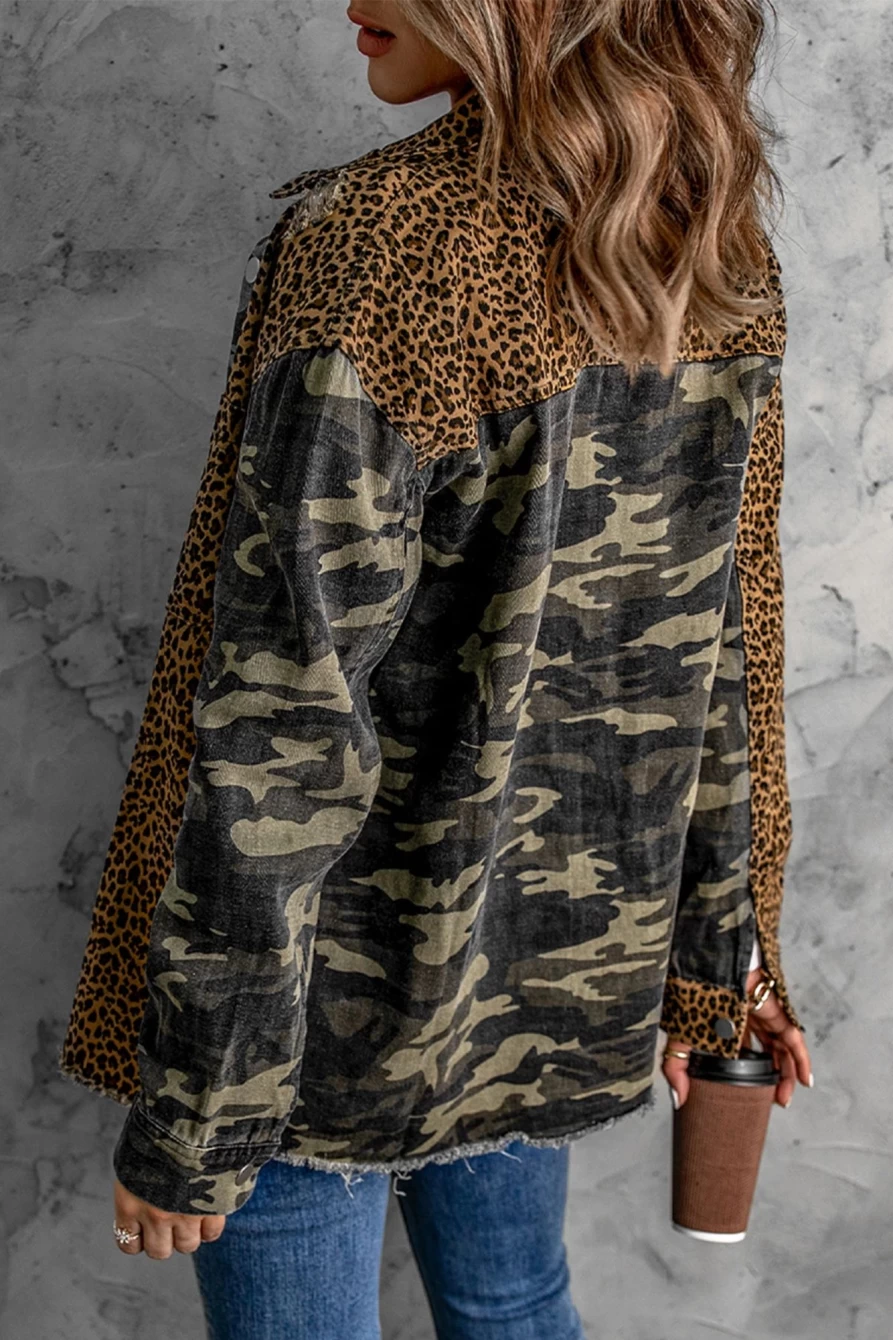 Women's Leopard Print Denim Shacket with Patchwork Pockets - Shewin