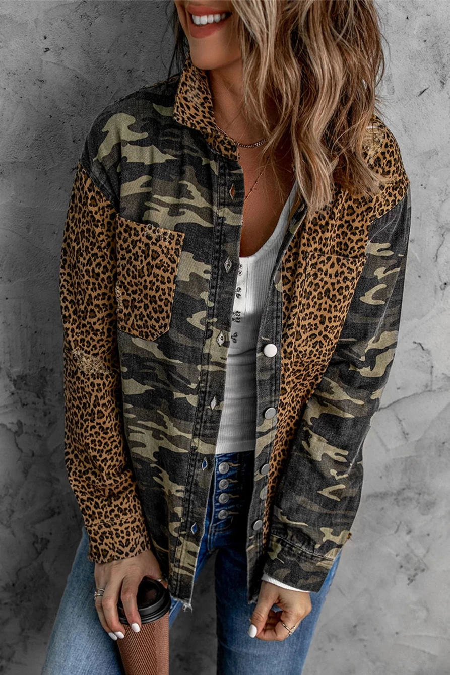 Women's Leopard Print Denim Shacket with Patchwork Pockets - Shewin
