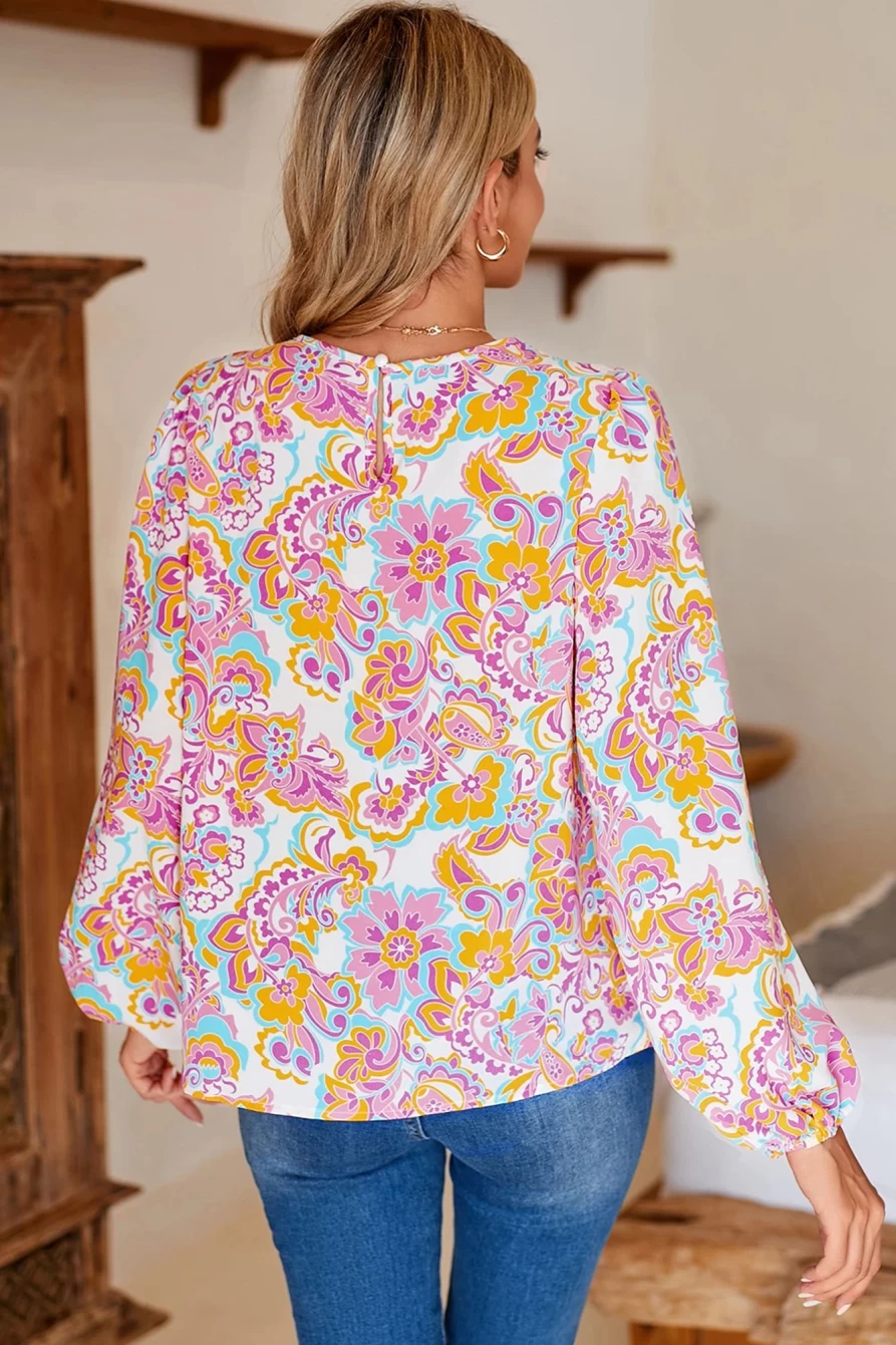 "Shewin Women's Boho Purple Paisley Print Peasant Blouse with Flowy Sleeves"