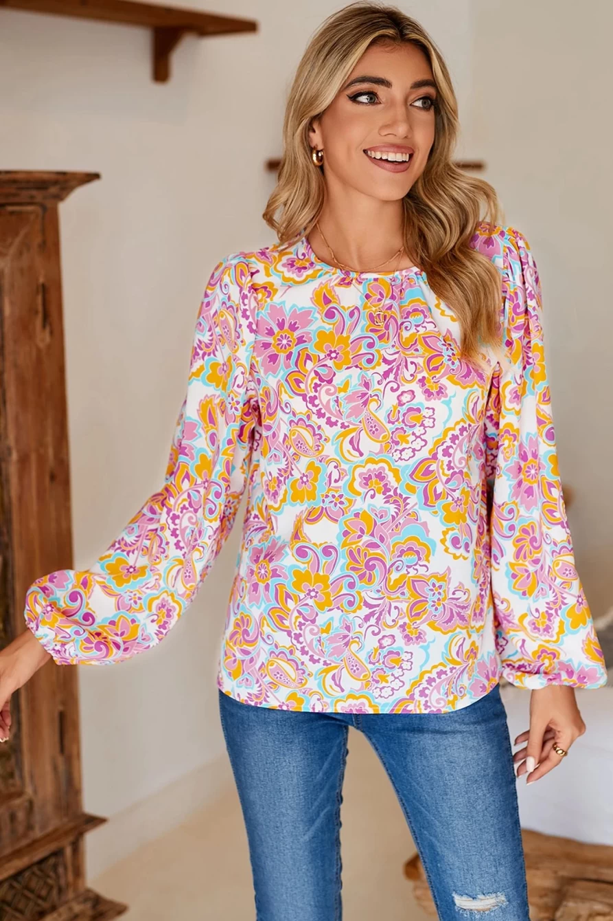 "Shewin Women's Boho Purple Paisley Print Peasant Blouse with Flowy Sleeves"