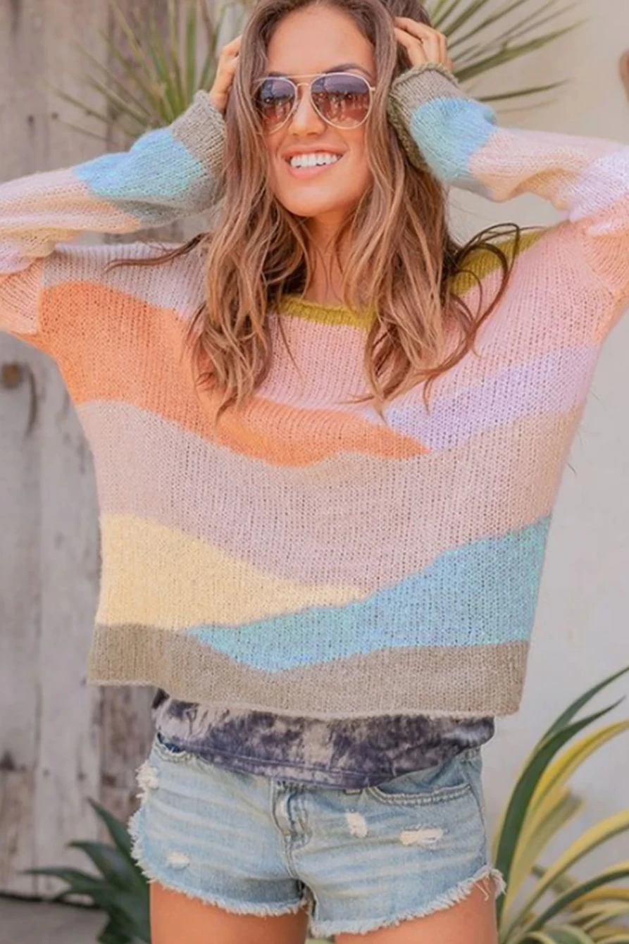 Women's Multicolor Drop Shoulder Long Sleeve Pullover Sweater | Shewin