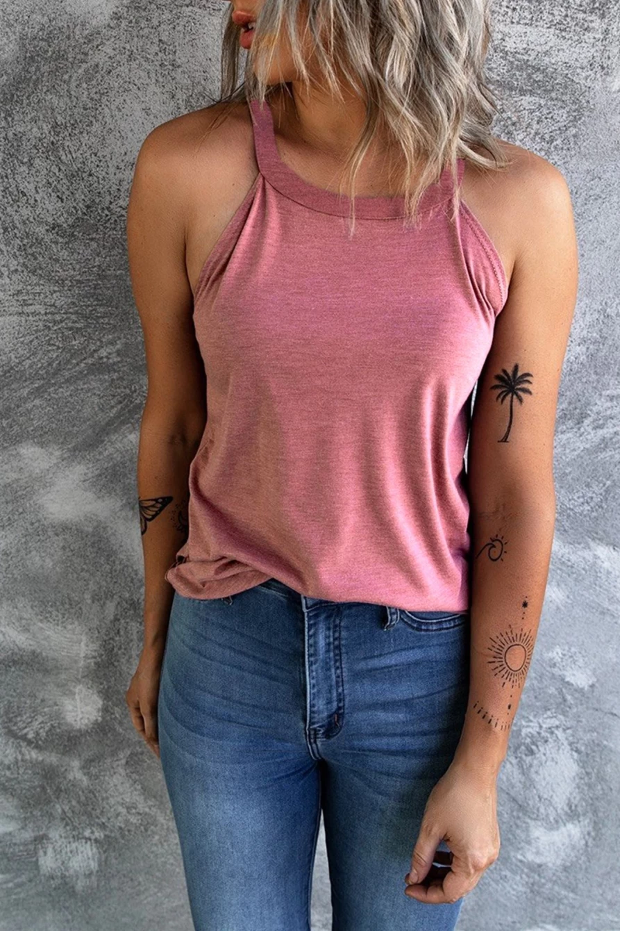 Shewin Women's Pink Casual Solid Color Crew Neck Tank Top
