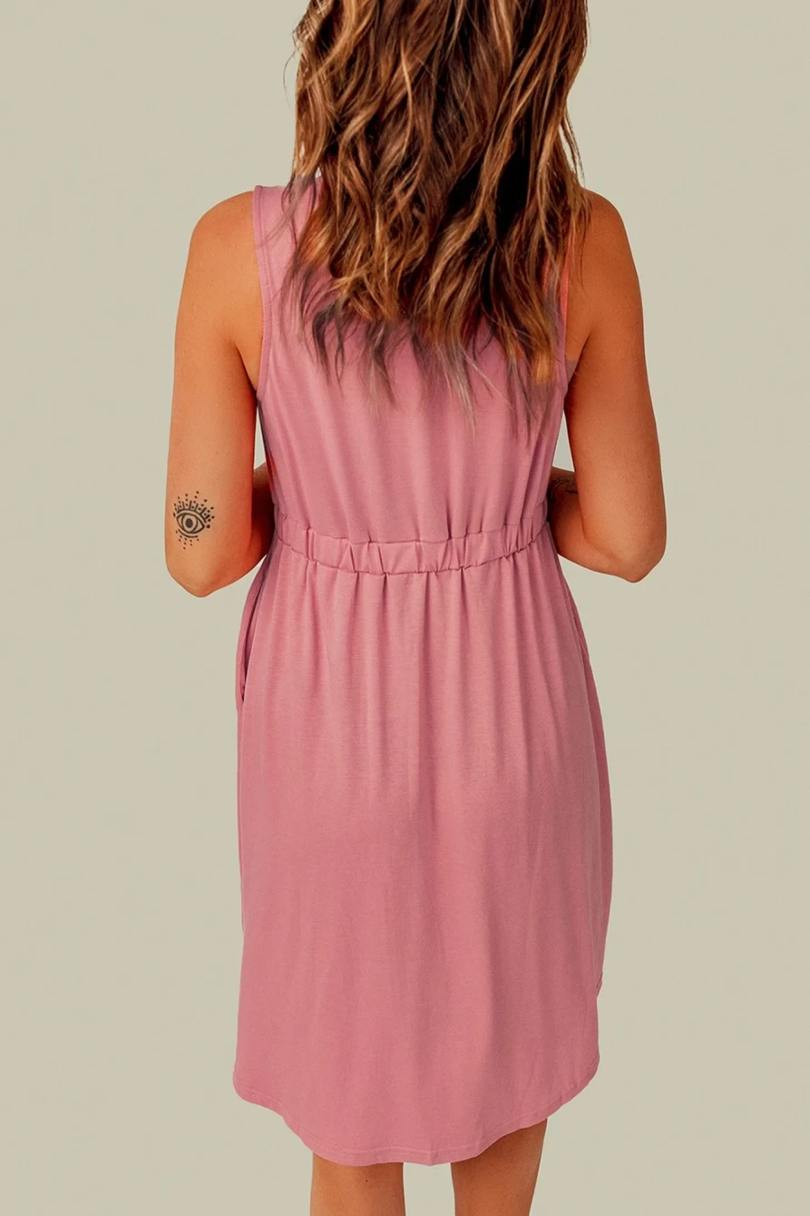 Shewin Women's Pink Casual Summer Dress with Button Front & Shirred Waist