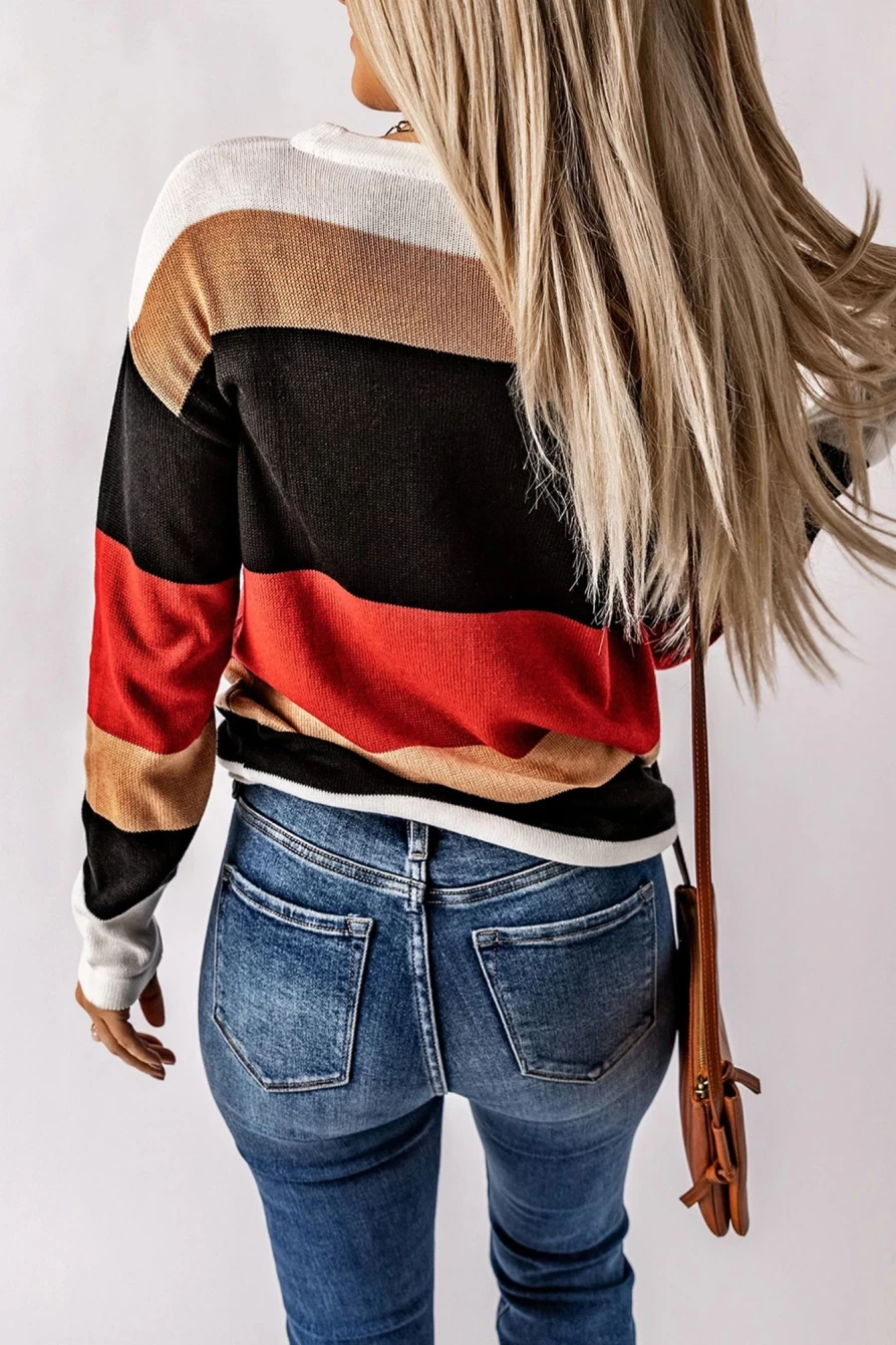 "Shewin Women's Red Color Block Casual Knit Sweater"