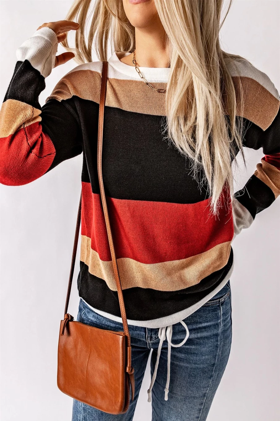 "Shewin Women's Red Color Block Casual Knit Sweater"