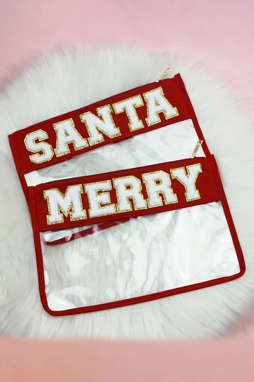 "SheWin Red Merry Contrast Trim Clear Makeup Bag for Women"