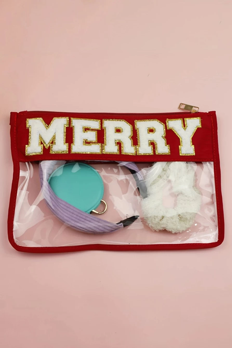 "SheWin Red Merry Contrast Trim Clear Makeup Bag for Women"