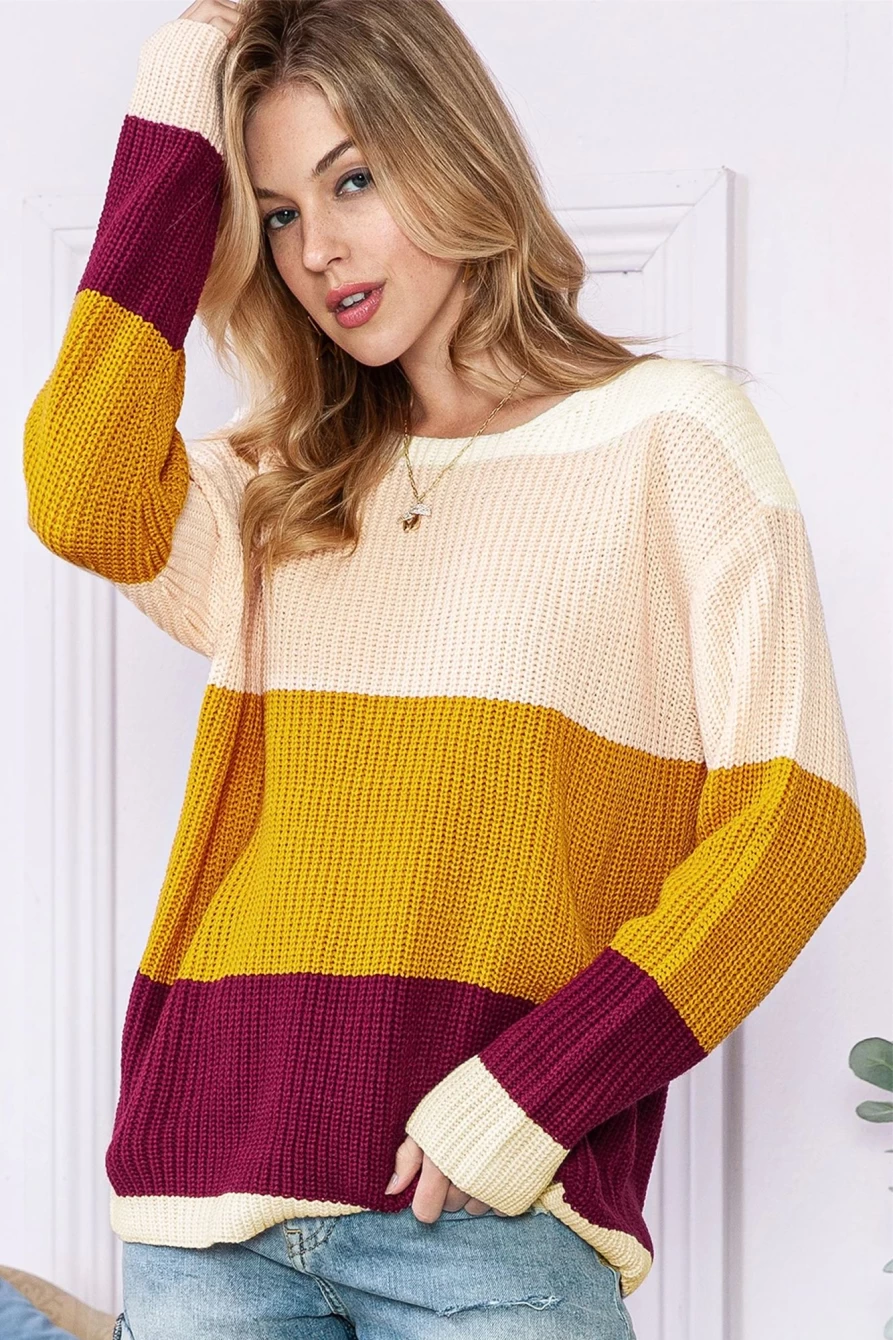 Shewin Women's Multicolor Striped Colorblock Knitted Sweater Casual Pullover