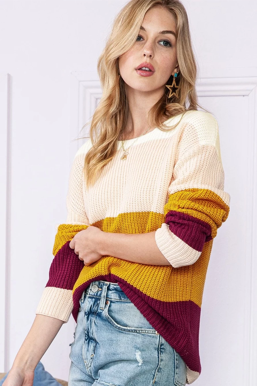 Shewin Women's Multicolor Striped Colorblock Knitted Sweater Casual Pullover