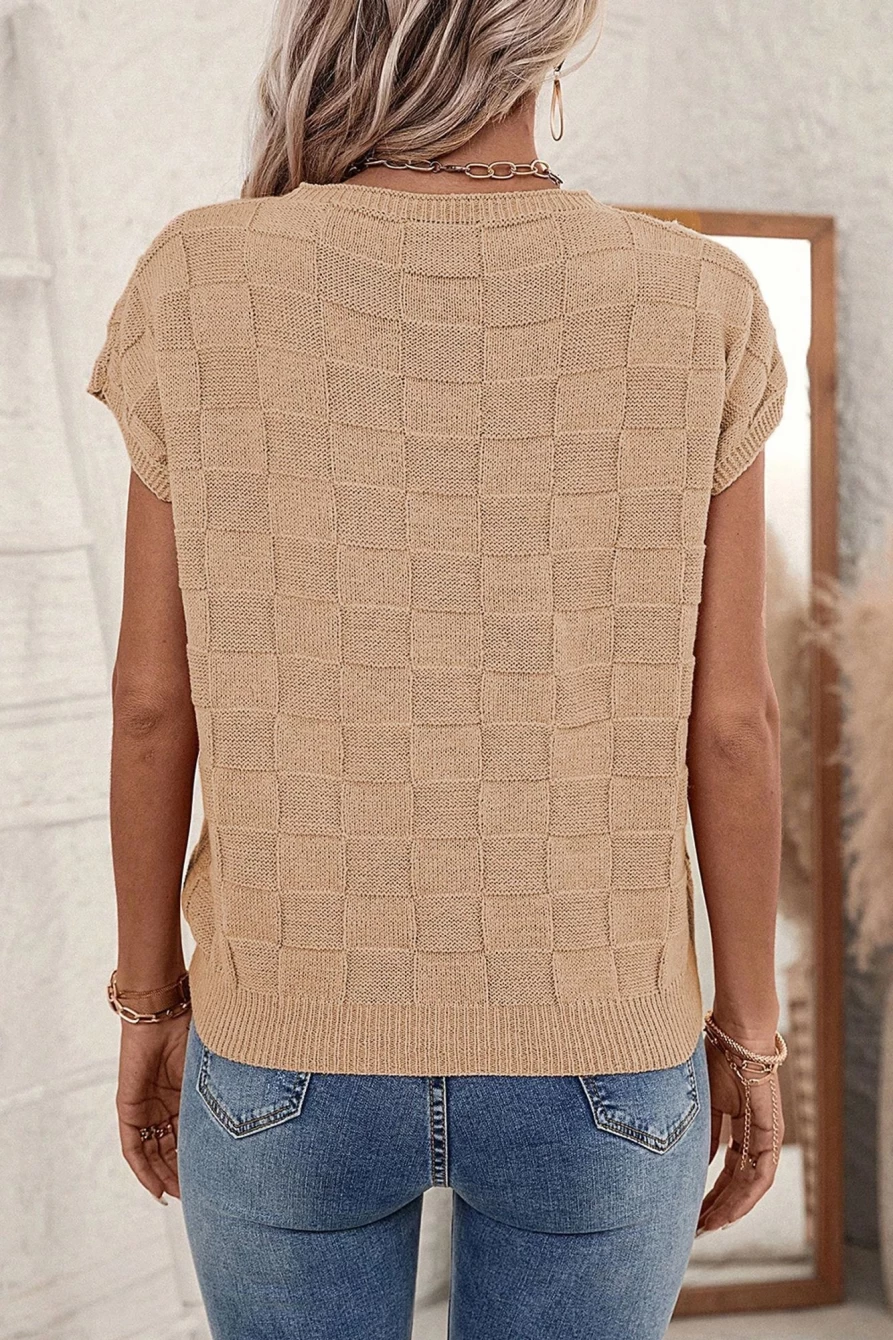 Shewin Women's Smoke Gray Lattice Knit Baggy Short Sleeve Sweater