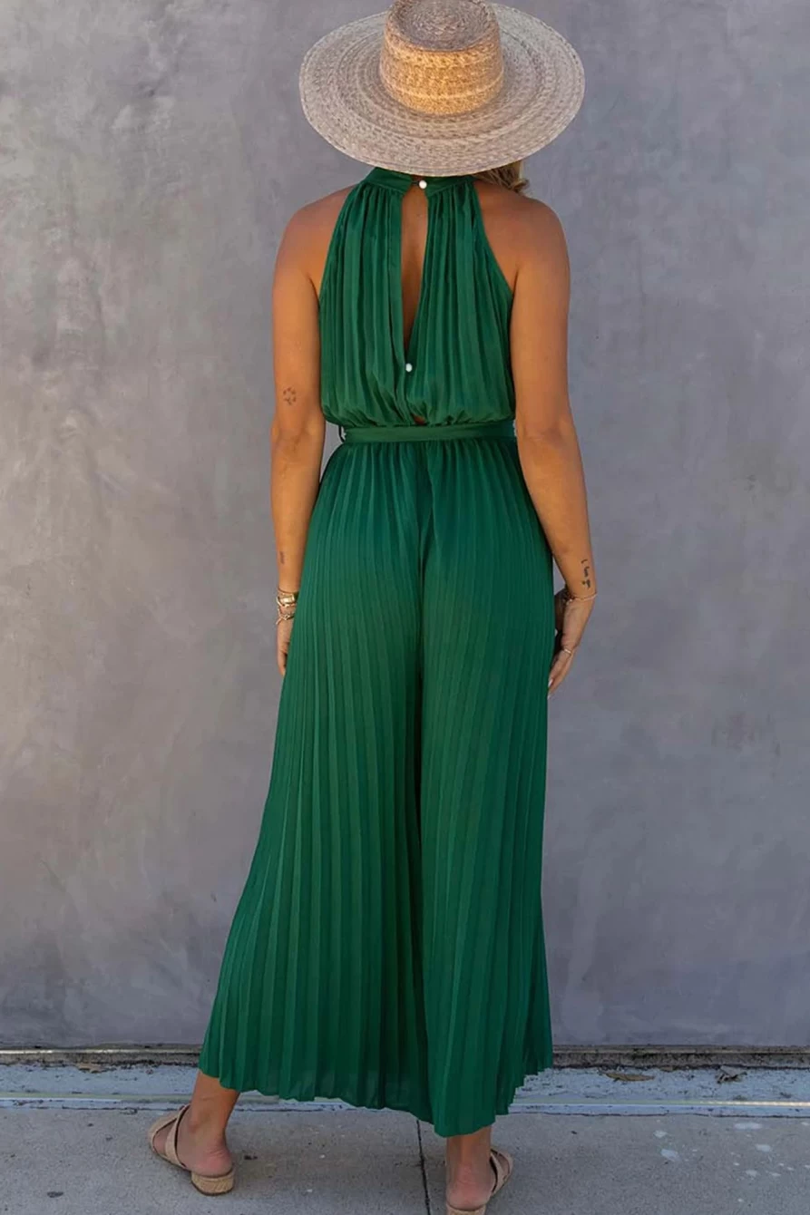 Shewin Women's Elegant Green Halter Neck Belted Pleated Wide Leg Jumpsuit