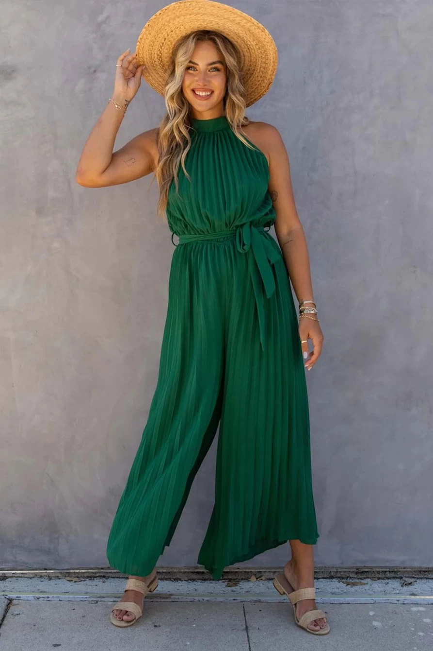 Shewin Women's Elegant Green Halter Neck Belted Pleated Wide Leg Jumpsuit
