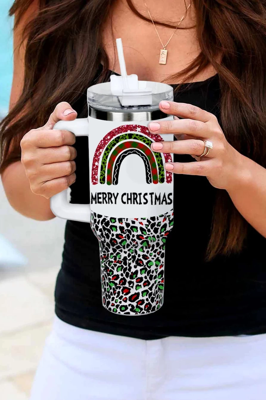 Shewin Women's White Leopard Rainbow Printed Thermos Cup - Christmas Themed Insulated Travel Mug
