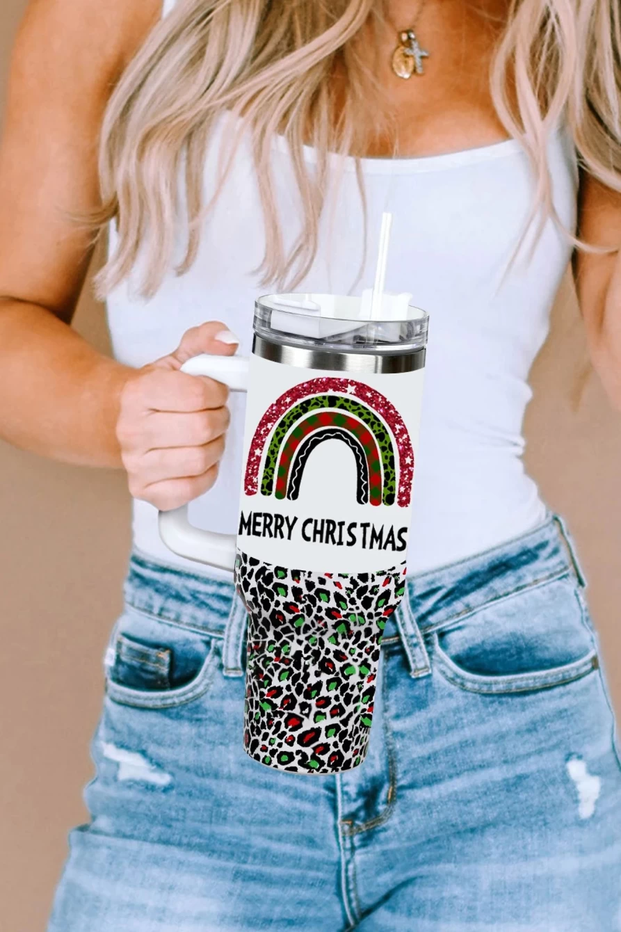 Shewin Women's White Leopard Rainbow Printed Thermos Cup - Christmas Themed Insulated Travel Mug
