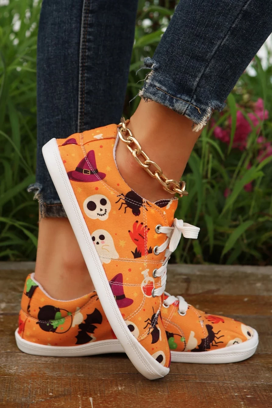 Women's Russet Orange Halloween Ghouls & Pumpkin Sneakers by Shewin - Spooky Seasonal Footwear
