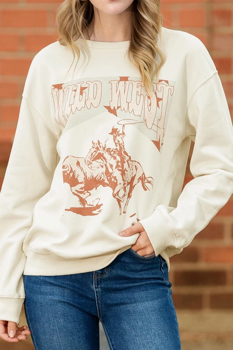 Women's Gray Retro Wild West Rodeo Graphic Sweatshirt by Shewin - Vintage Western Cowgirl Pullover