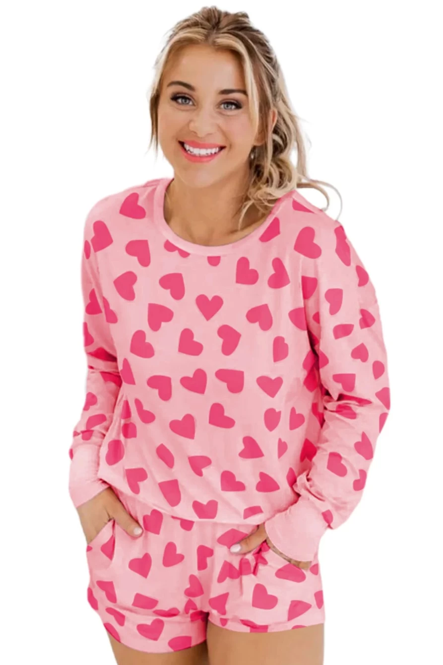 Shewin Women's Pink Heart Print Long Sleeve Pajama Set with Shorts