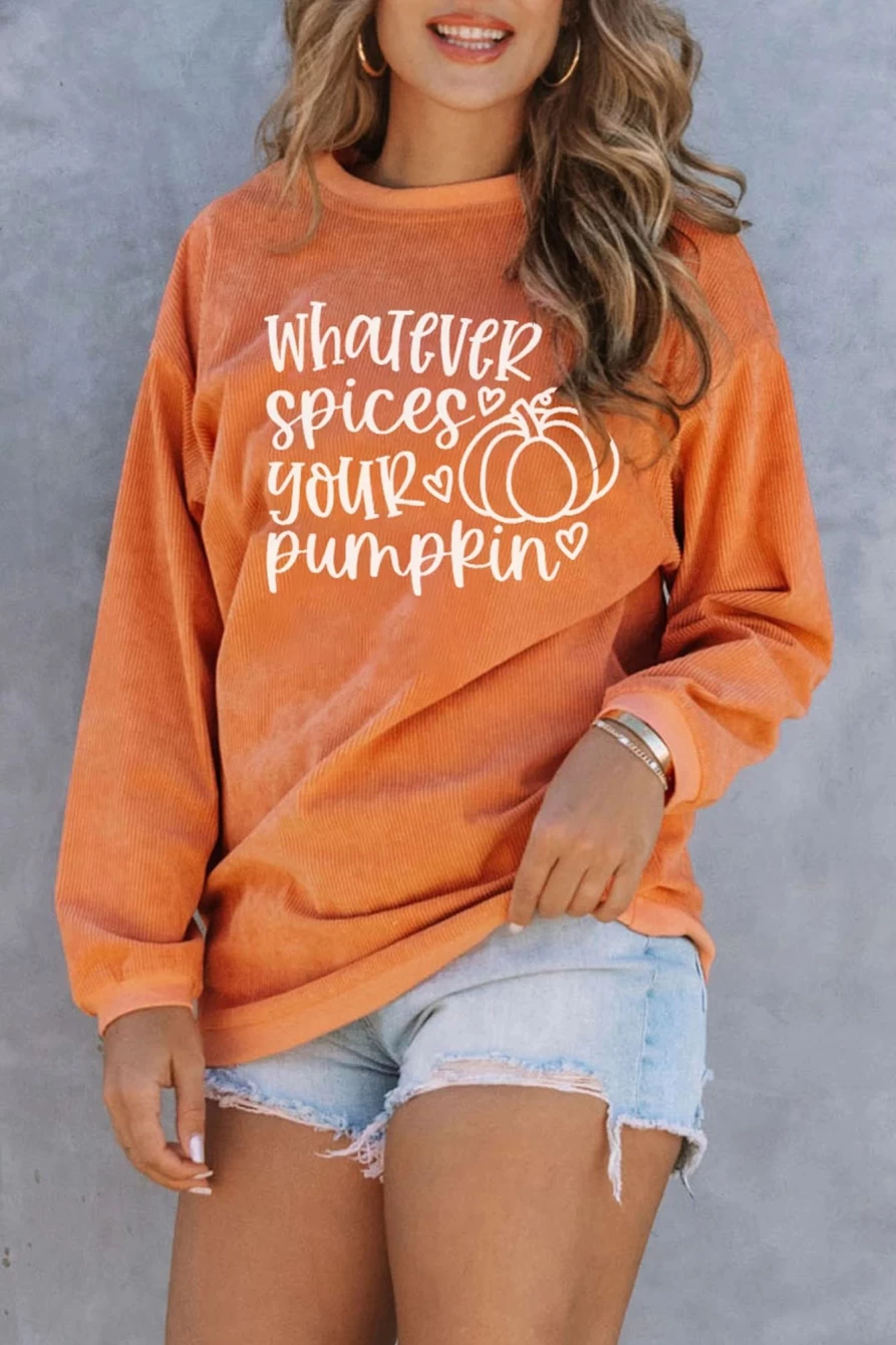 Shewin Women's Orange Corduroy Oversized Sweatshirt with Pumpkin Letter Print - Cozy Fall Fashion