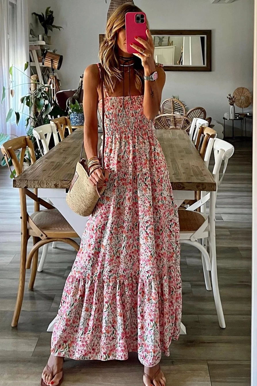 Shewin Women's White Boho Floral Maxi Dress with Self-Tie Smocked Waist and Ruffle Details