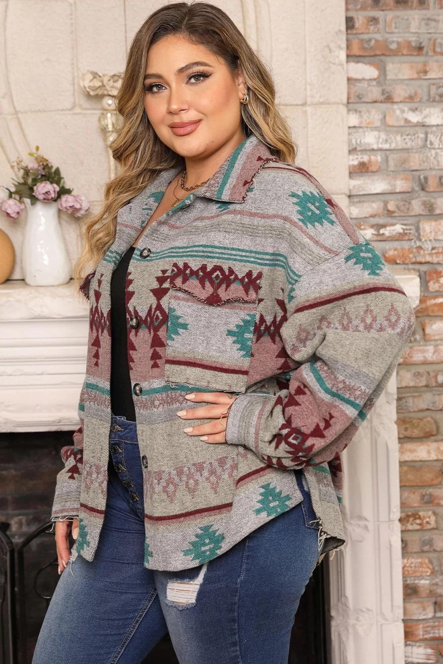 Shewin Women's Plus Size Multicolour Geometric Print Button-Up Jacket