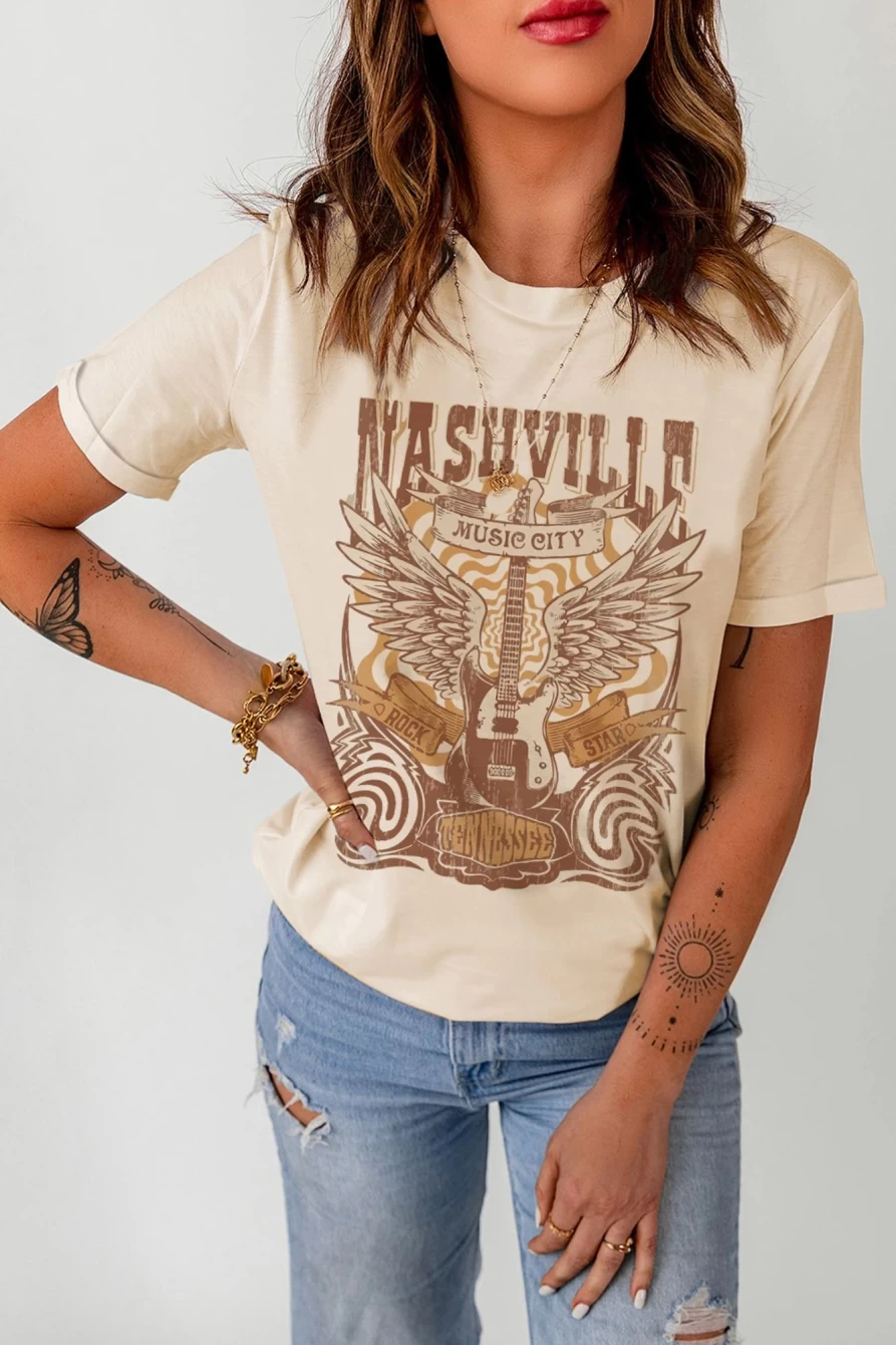 Shewin Women's Khaki Band Graphic Tee - Casual Short Sleeve Crew Neck T-Shirt