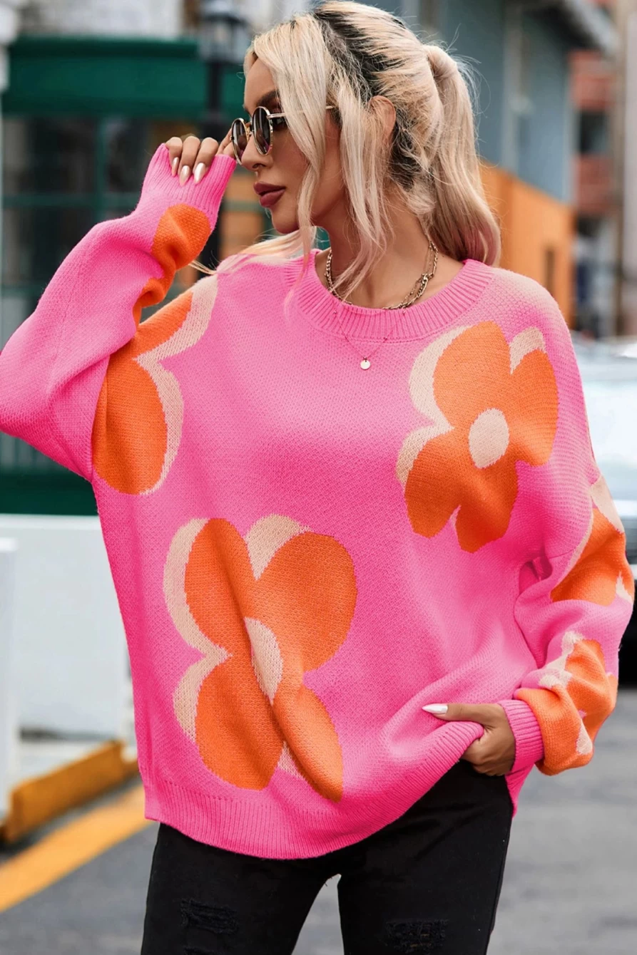 Shewin Women's Plus Size Bonbon Floral Drop Shoulder Sweater - Oversized Boho Chic Knit Top