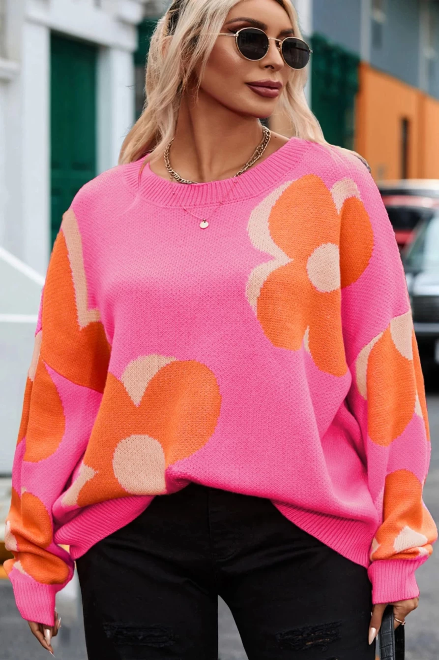 Shewin Women's Plus Size Bonbon Floral Drop Shoulder Sweater - Oversized Boho Chic Knit Top