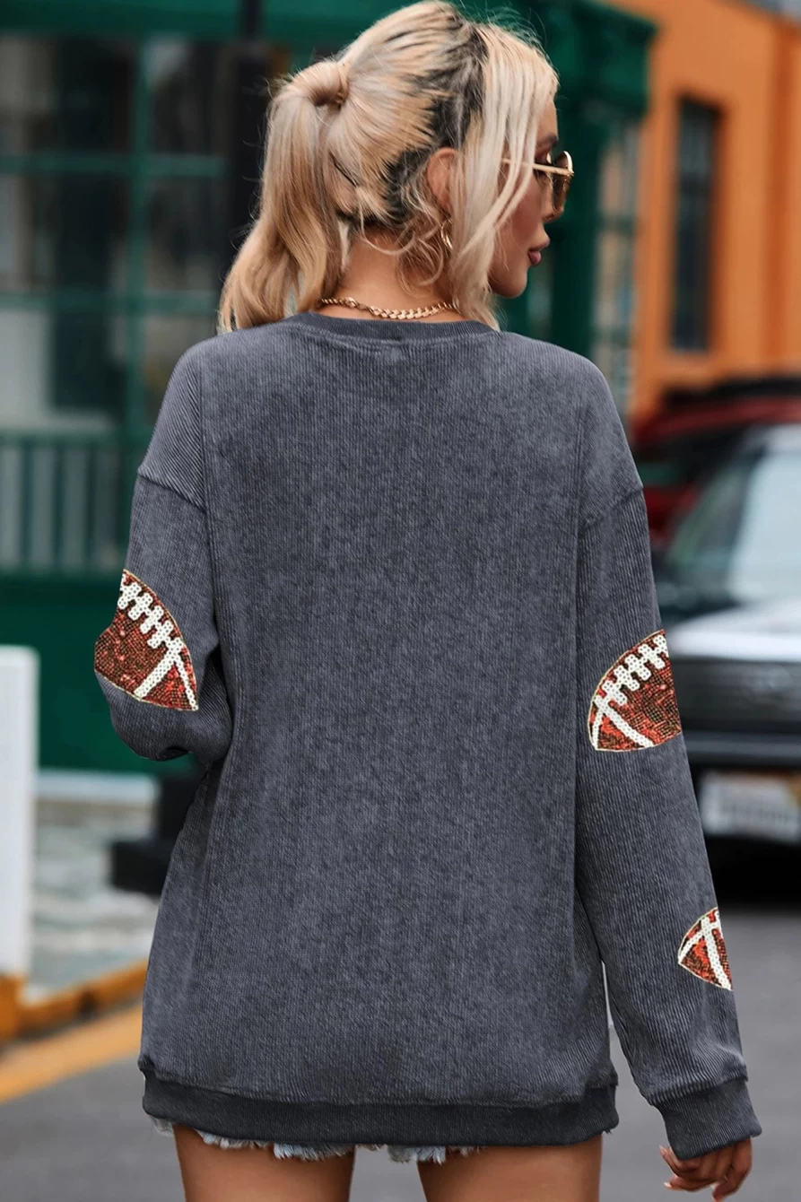 Women's Gray Sequin Rugby Graphic Oversized Sweatshirt by Shewin - Stylish Corded Baggy Pullover
