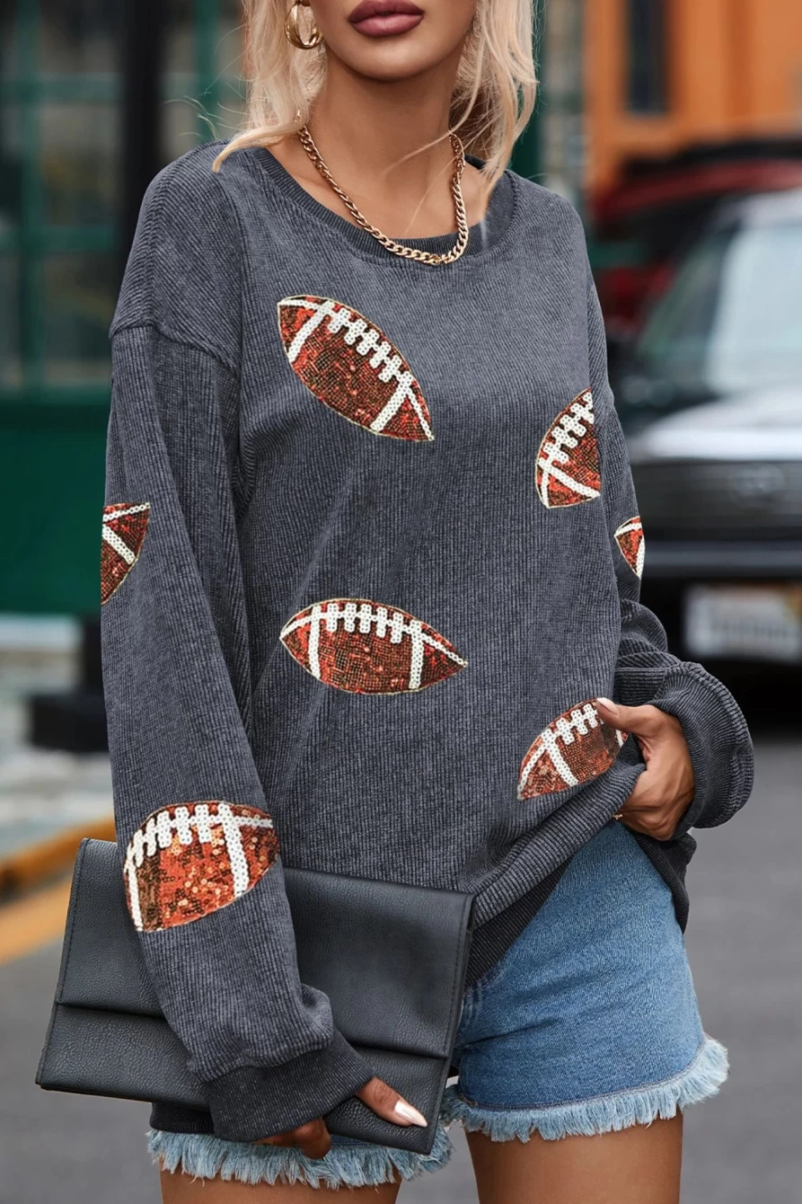 Women's Gray Sequin Rugby Graphic Oversized Sweatshirt by Shewin - Stylish Corded Baggy Pullover