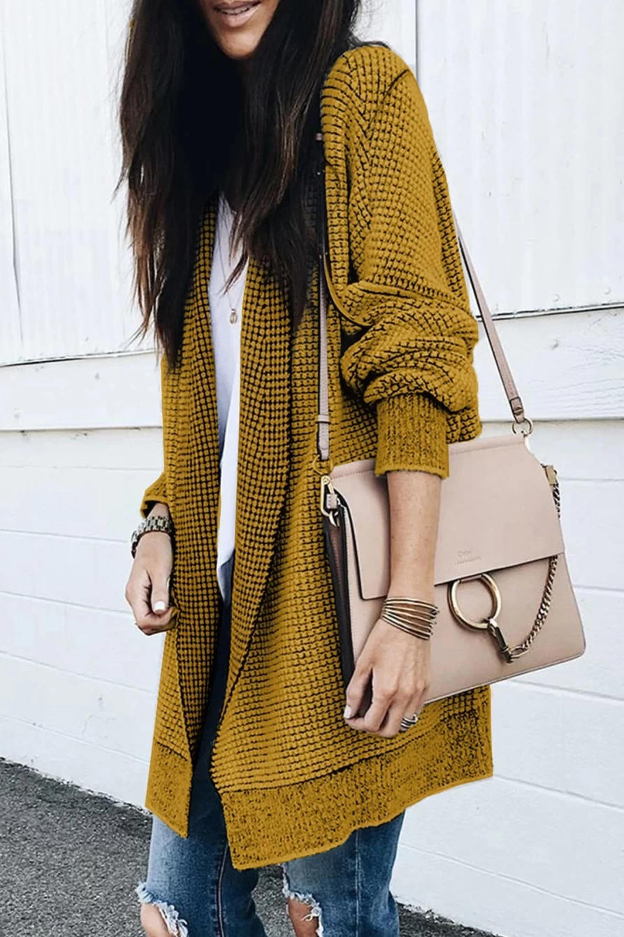 "Shewin Women's Yellow Knitted Long Cardigan Open Front Casual Sweater Coat"