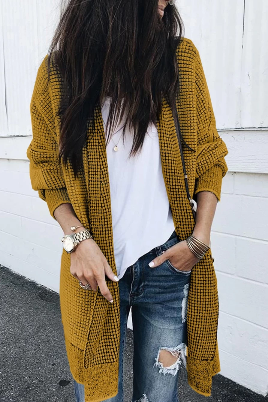 "Shewin Women's Yellow Knitted Long Cardigan Open Front Casual Sweater Coat"