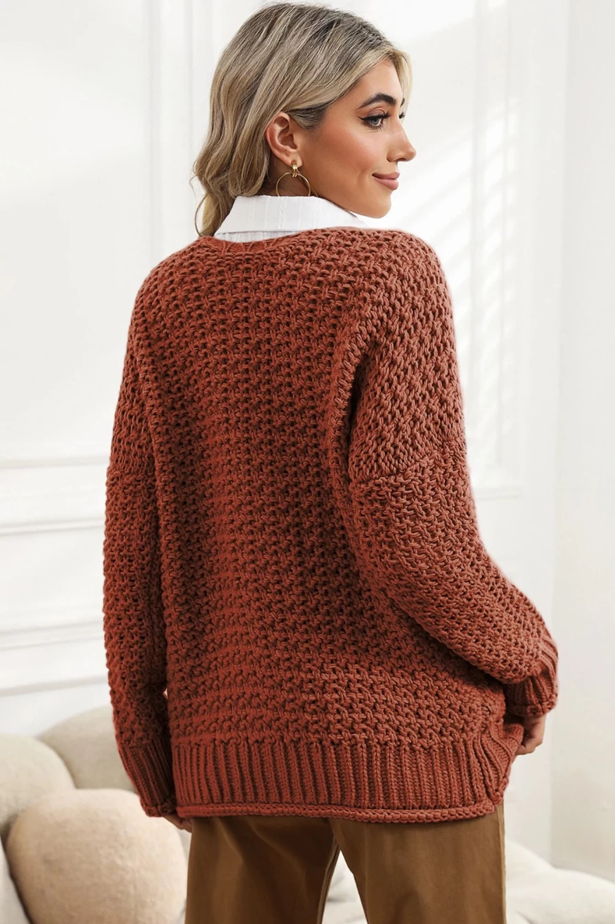 Shewin Women's Red Sandalwood Button Front Chunky Knit Oversized Cardigan Sweater