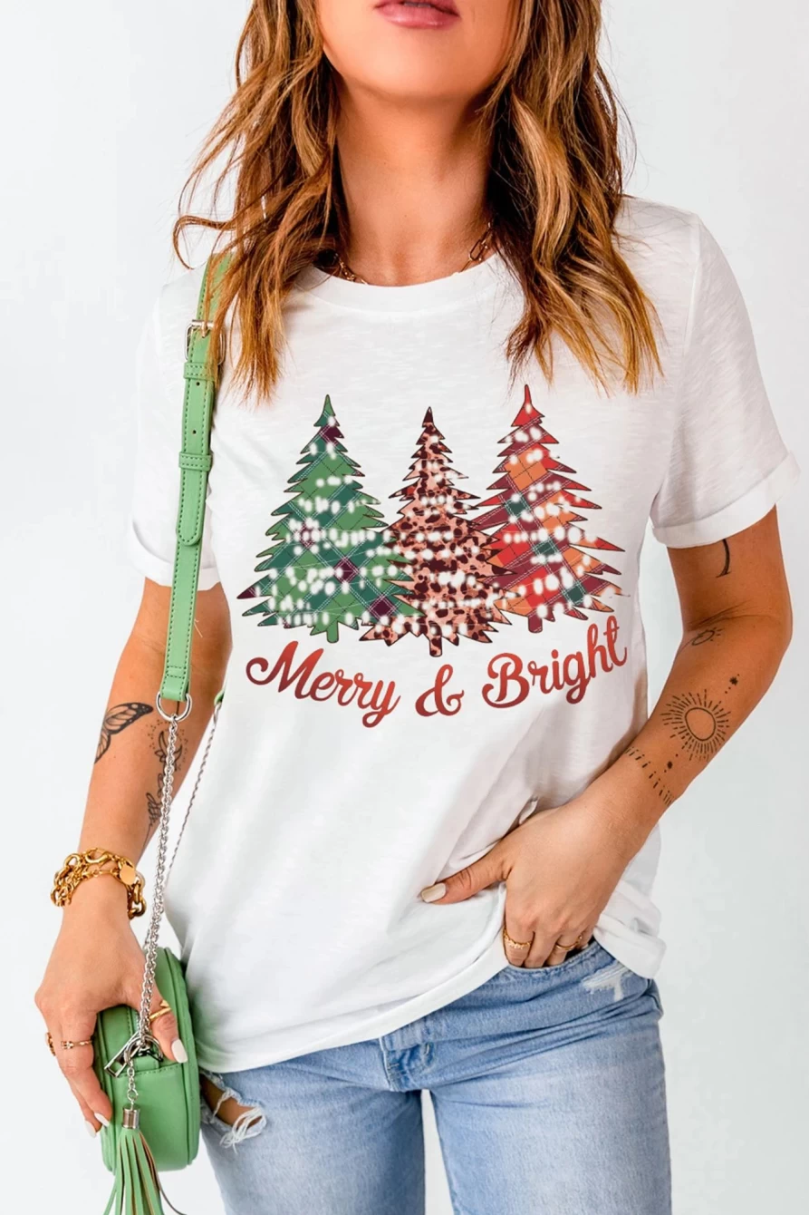 "SheWin Women's White Merry And Bright Christmas Tree Graphic T-Shirt Holiday Festive Tee"