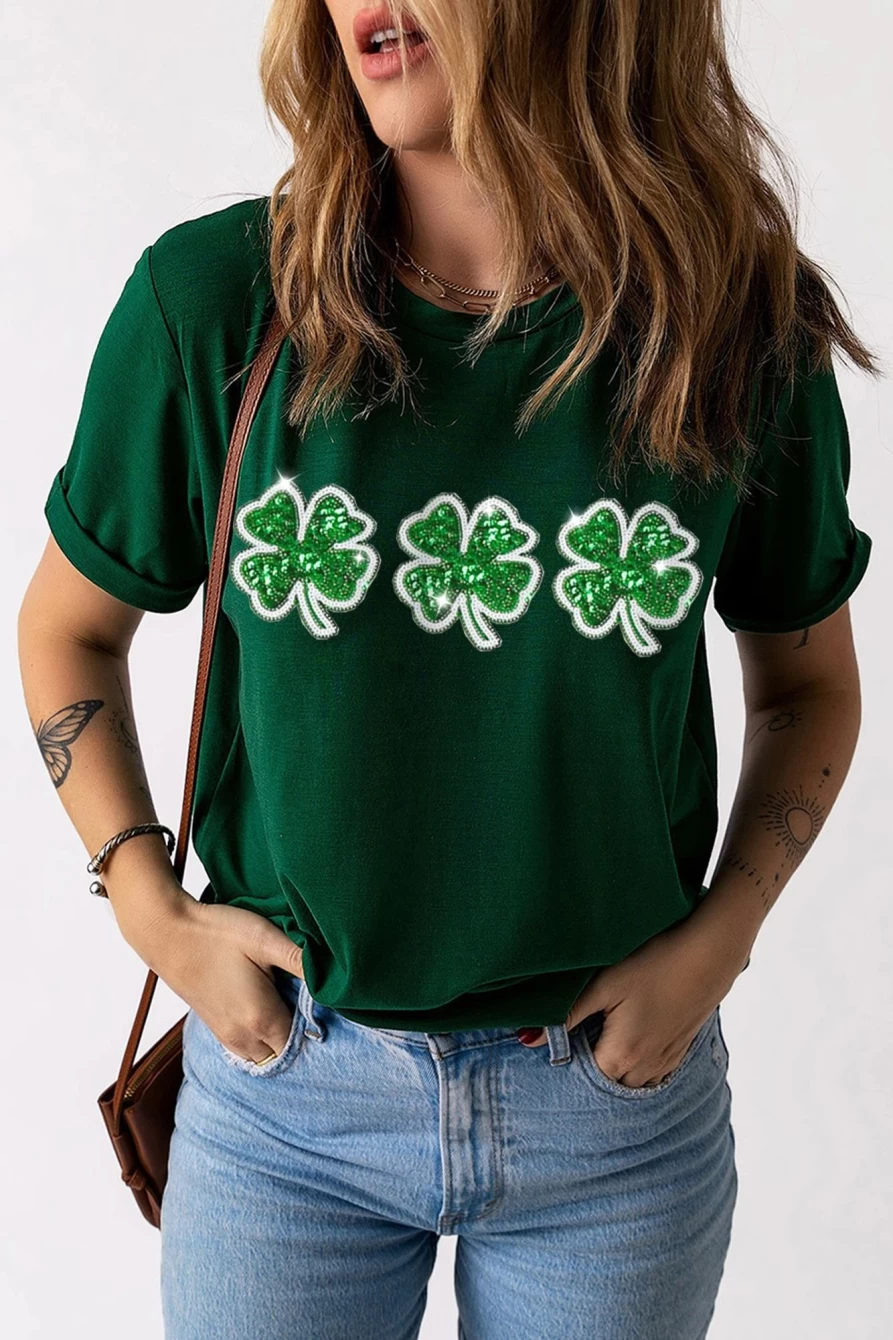 Shewin Women's Green St Patrick's Day Sequin Clover Graphic T-Shirt