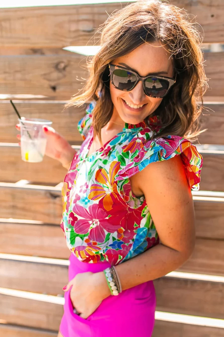 Shewin Women's Multicolour Floral Print V-Neck Ruffle Shoulder Blouse