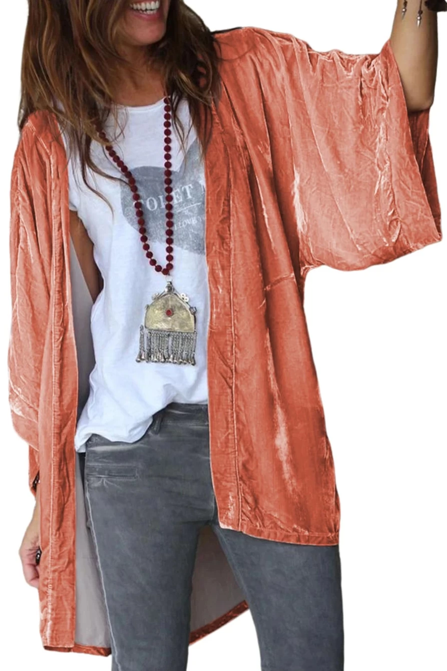 Shewin Women's Pink Velvet Open Front Casual Cardigan Solid Knit Sweater
