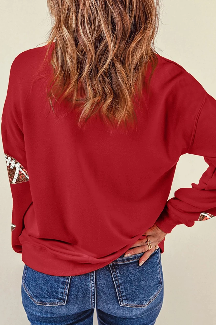 "SheWin Women's Red Sequined Rugby Graphic Oversized Drop Shoulder Sweatshirt"