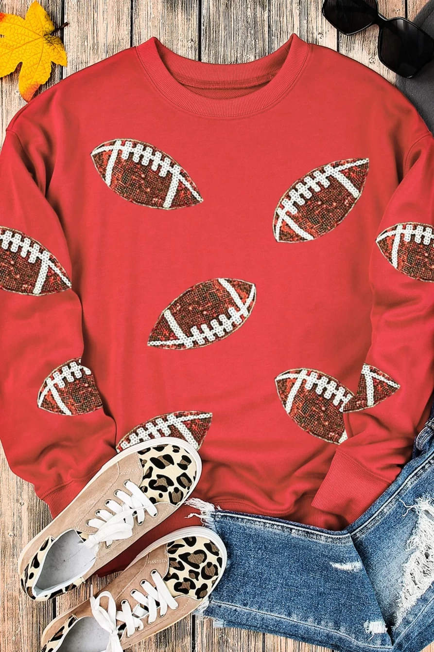 "SheWin Women's Red Sequined Rugby Graphic Oversized Drop Shoulder Sweatshirt"