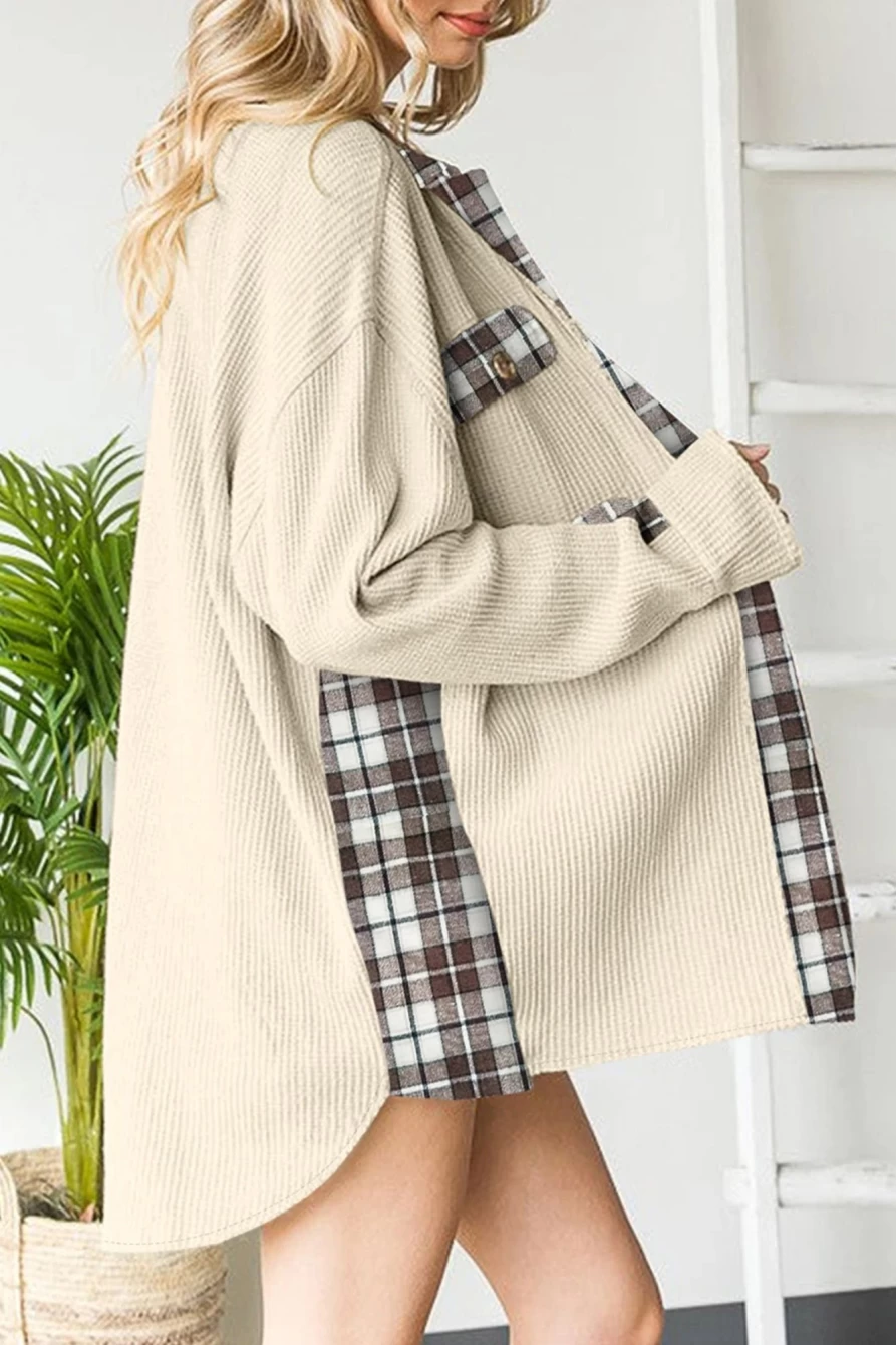 Shewin Women's Apricot Plaid & Thermal Waffle Patchwork Shacket