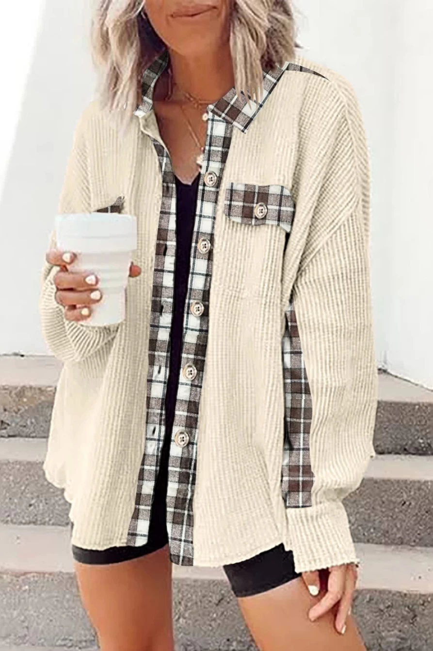 Shewin Women's Apricot Plaid & Thermal Waffle Patchwork Shacket
