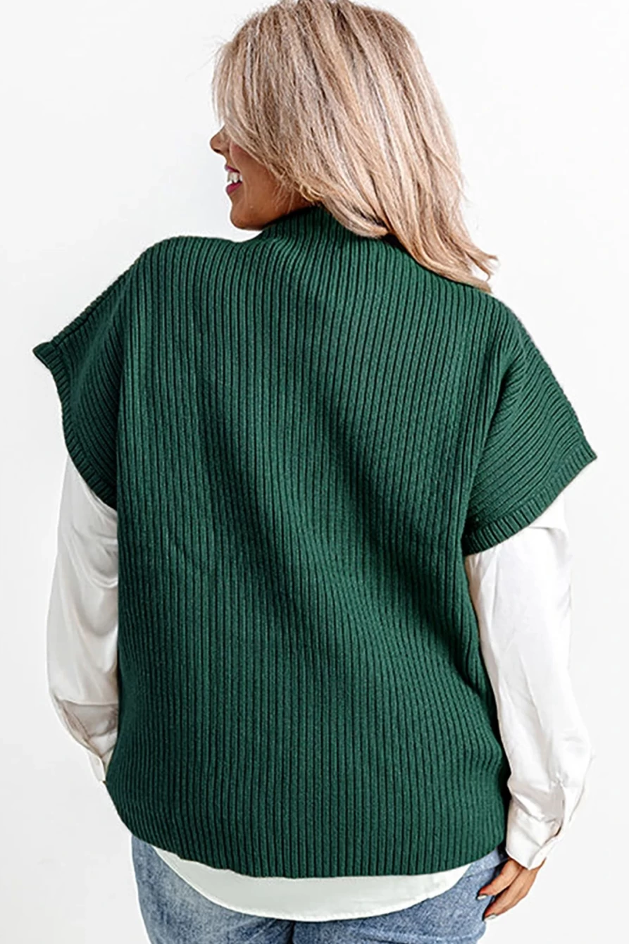 Shewin Women's Plus Size Jungle Green Mock Neck Sweater with Chest Pocket