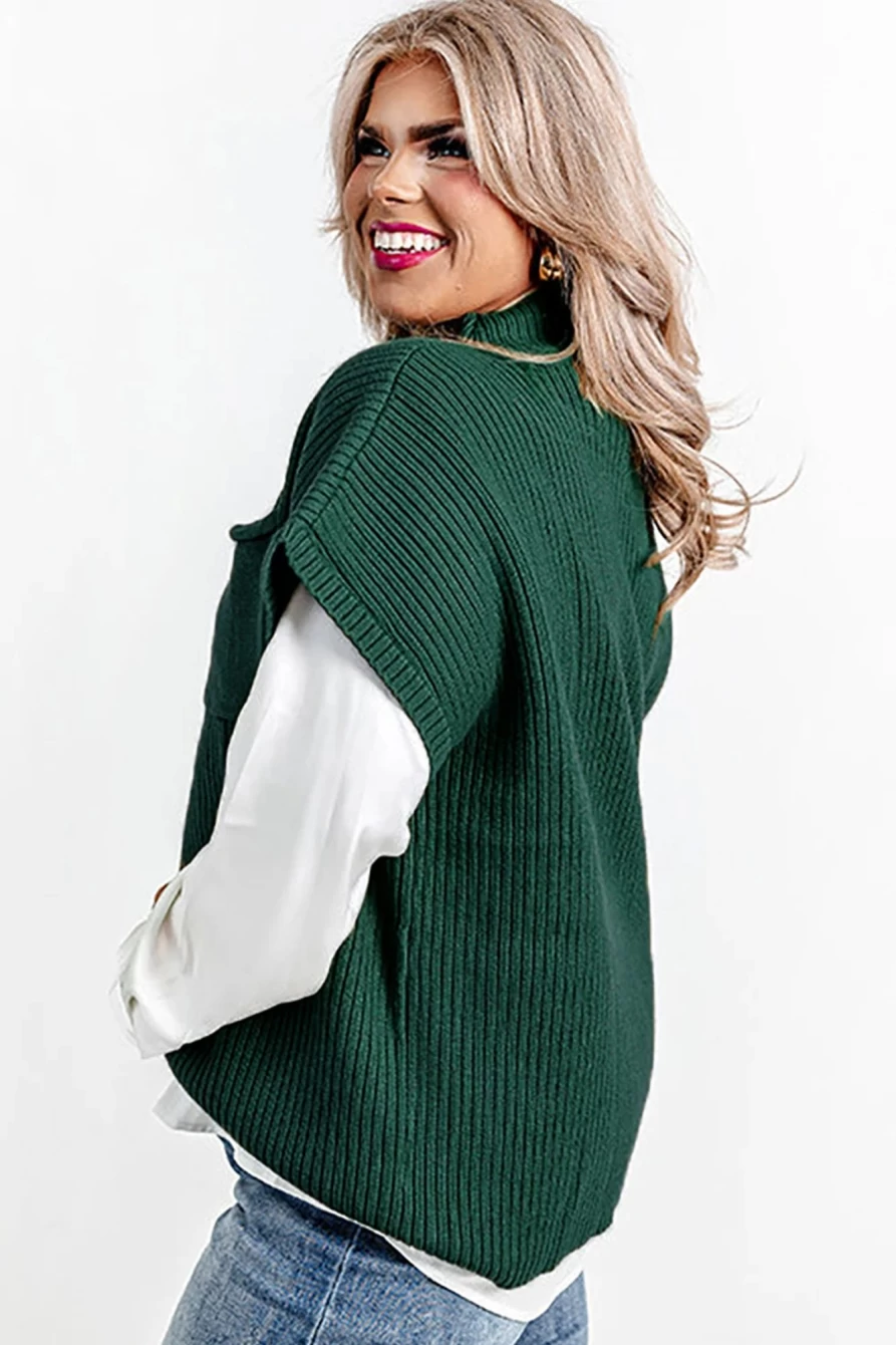 Shewin Women's Plus Size Jungle Green Mock Neck Sweater with Chest Pocket