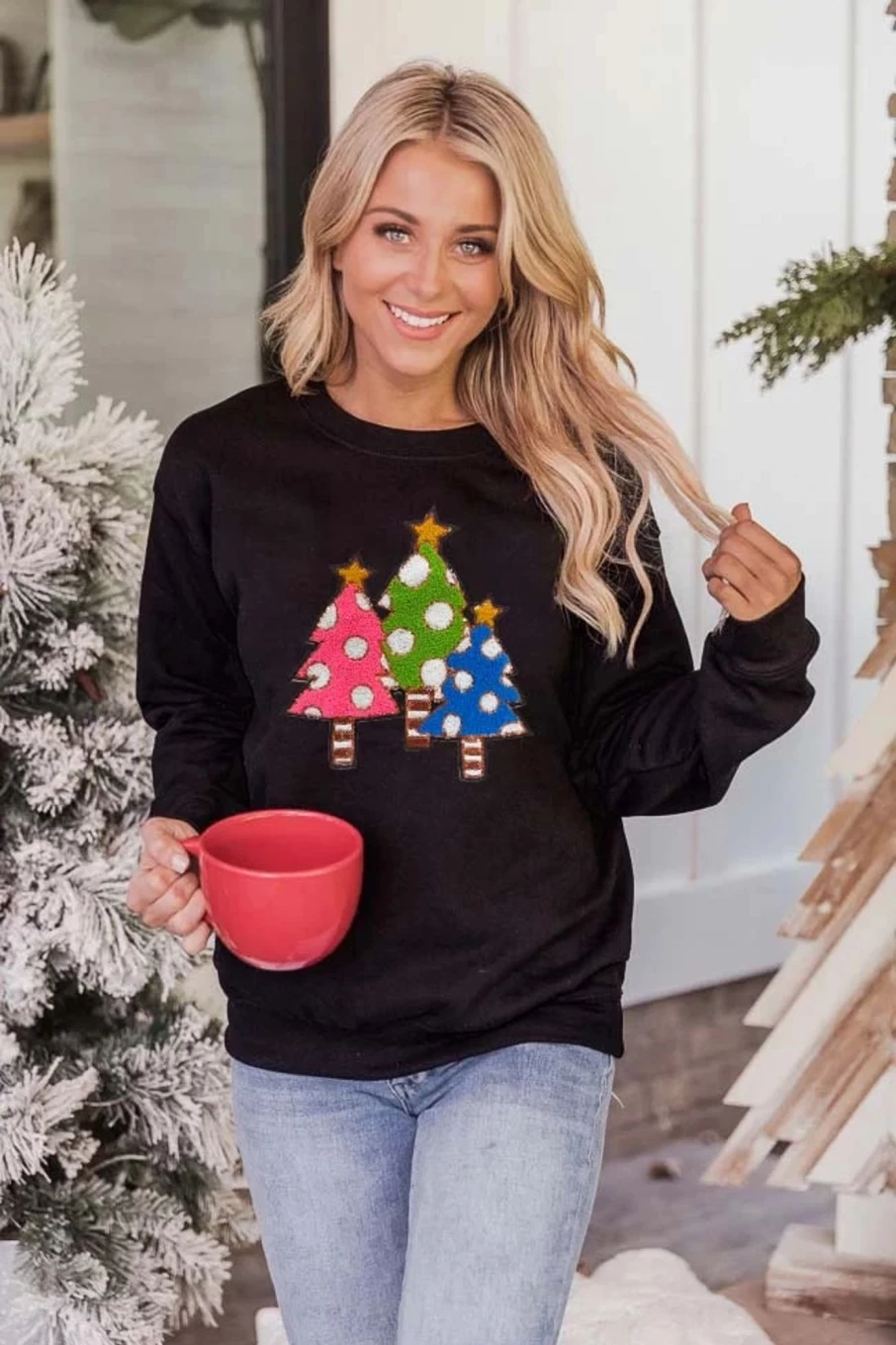 Shewin Women's Black Christmas Tree Graphic Crewneck Sweatshirt Holiday Pullover