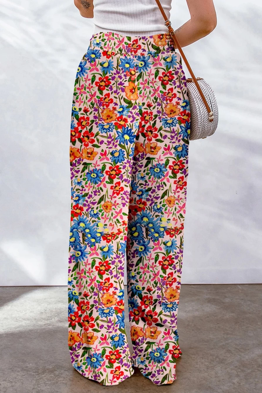 Shewin Women's Multicolor Floral Print Wide Leg Pants with Pockets, Oversized Comfort Fit