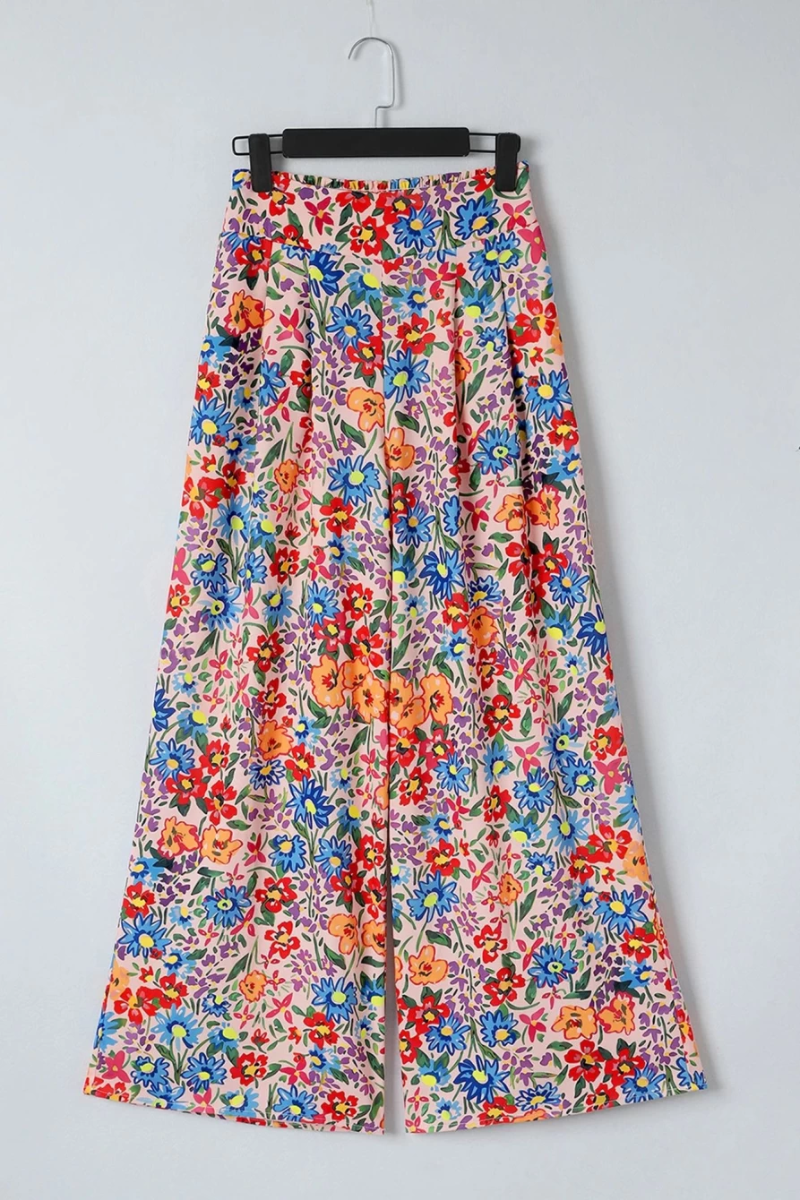 Shewin Women's Multicolor Floral Print Wide Leg Pants with Pockets, Oversized Comfort Fit