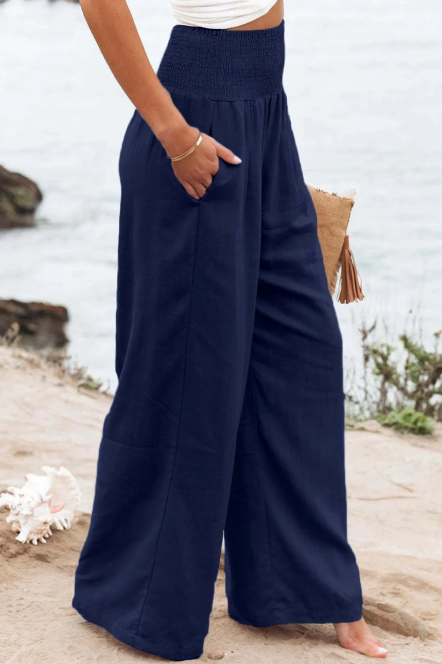 Shewin Women's Blue High Waist Smocked Wide Leg Pants with Elastic Waistband