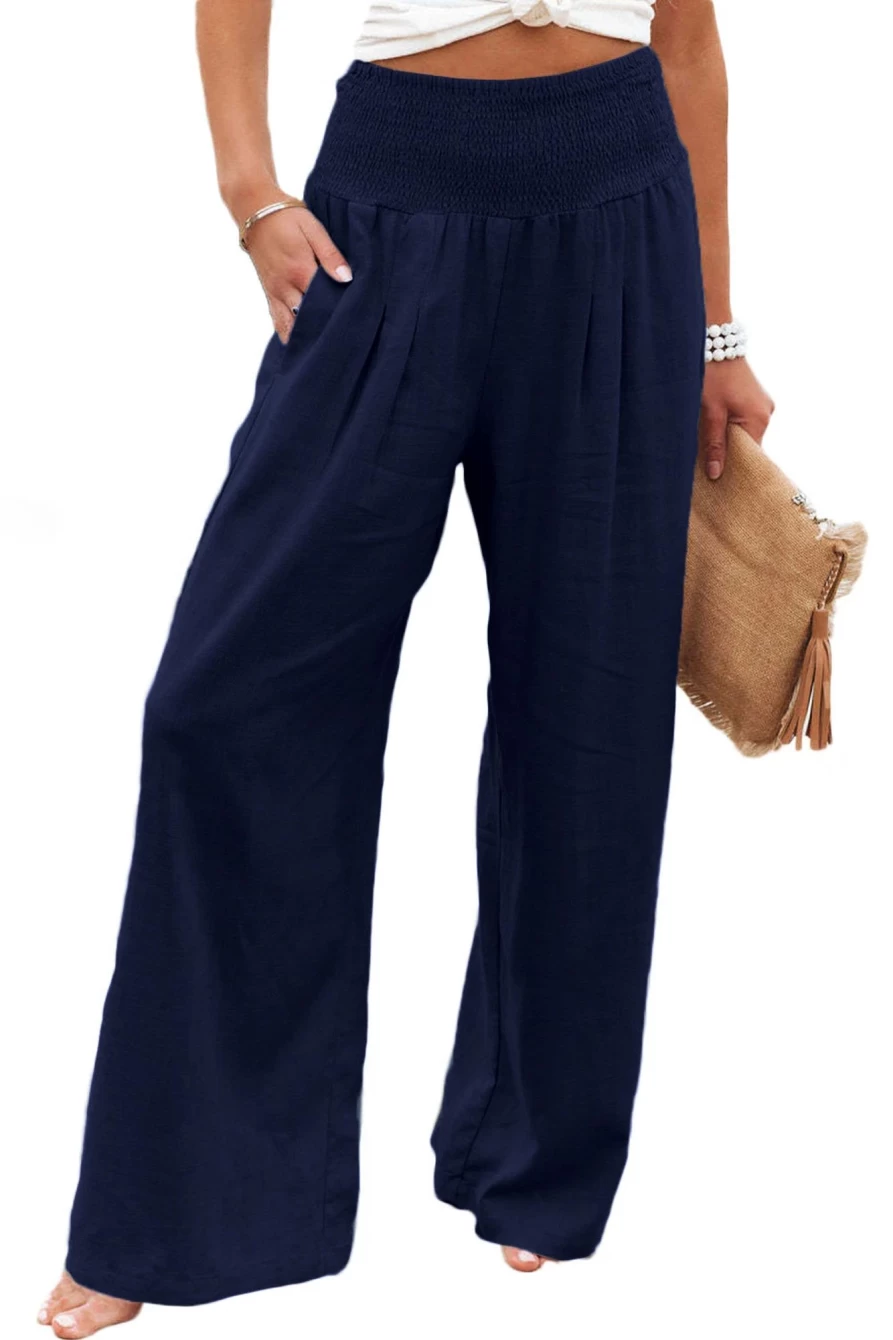 Shewin Women's Blue High Waist Smocked Wide Leg Pants with Elastic Waistband